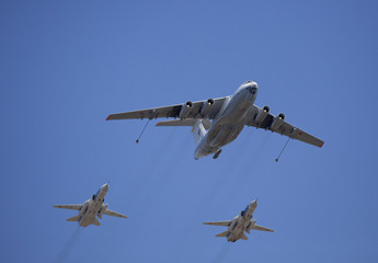 VKS Russian Airforce tanker jet aircraft (Il-78) and two jet (Sukhoi Su-24 (Fencer) bombers with...