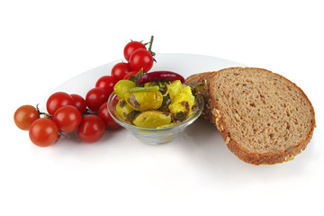 green and black olives with bread