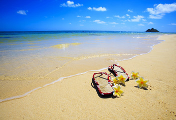 Sandals and flowers on a Hawaii beach