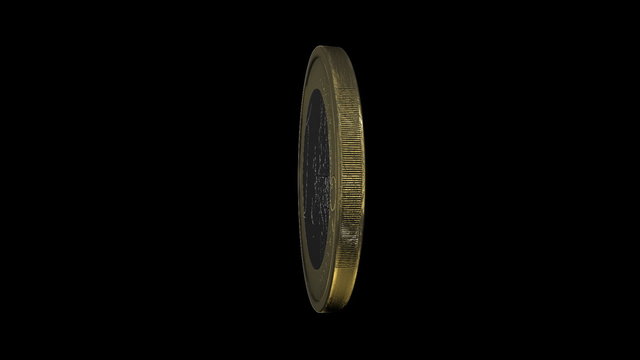 One euro coin in verticel rotation with aplha