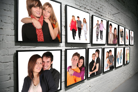two rows frames with people on brick white wall collage