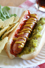 Hot Dog with Relish, Ketchup and Mustard