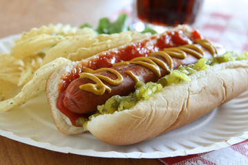 Hot Dog with Relish, Ketchup and Mustard