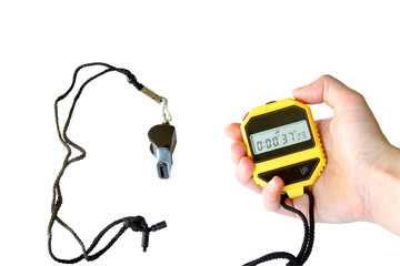 stopwatch in the hand and  sports whistle