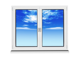 two layers and two frame closed plastic window with blue sky