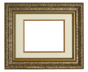 Golden antique picture frame with matting.