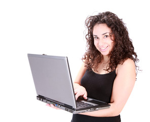 Naklejka premium Latina woman holding laptop