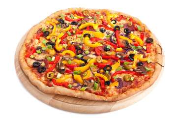 vegetable pizza on a board
