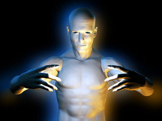 Strange magic man in hypnotic pose