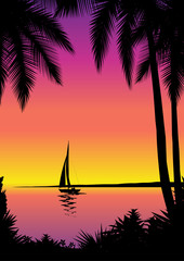 Naklejka premium Tropical sea scene with sailboat