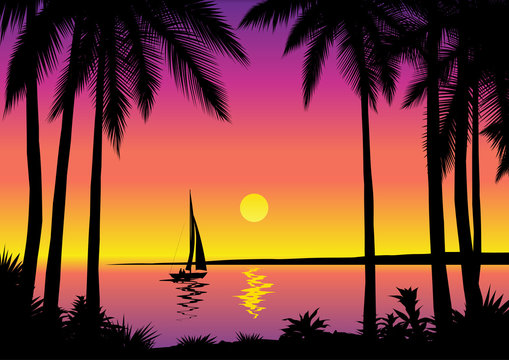 Tropical sea scene with sailboat