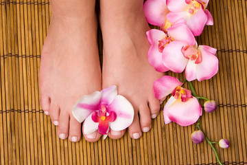 Obraz na płótnie Canvas Woman's pedicured feet with orchid flowers