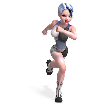 female scifi heroine running. With Clipping Path over white
