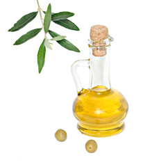 Bottle of olive oil and olive fruits isolated on white backgroun