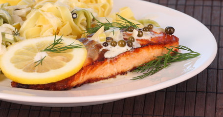 broiled salmon and ribbon noodles
