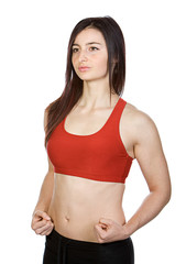 Shot of an Athletic Brunette Girl in Red Sports Top