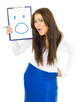Shocked open-mouthed woman drawing smile