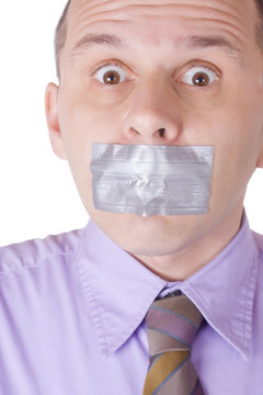 Man with taped mouth