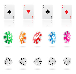 playing cards, roulette chips and dices icons
