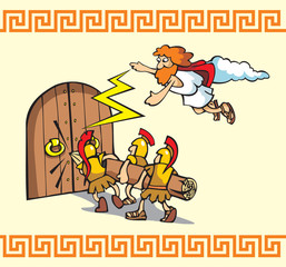 Trojan war, warriors breaking the gates, vector illustration
