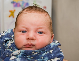 Portrait of just born boy with fun forelock.