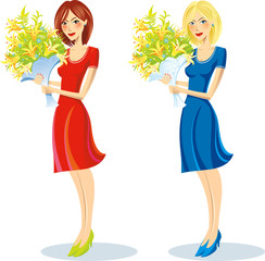 Two girls: the brunette and the blonde with a bunch of flowers