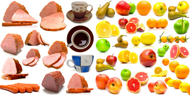 fruits, ham, sausages and cups