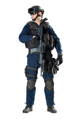 the soldier holding the weapon at a shoulder