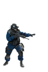 the soldier holding the weapon at a shoulder