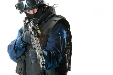 the soldier holding the weapon at a shoulder