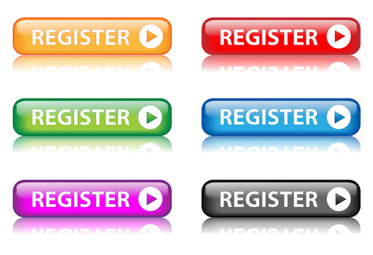 "Register" buttons (various colours with reflection)