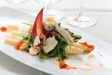 Gourmet appetizer whith lobster and quail egg