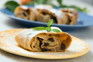 Apple strudel with vanilla ice cream