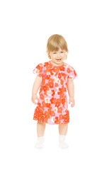 Small smiling baby in red dress isolated