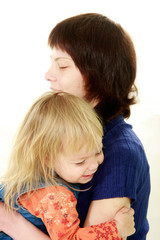 mother and daughter over white