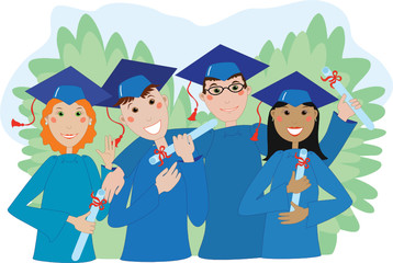 Happy graduates in caps and gowns with diplomas