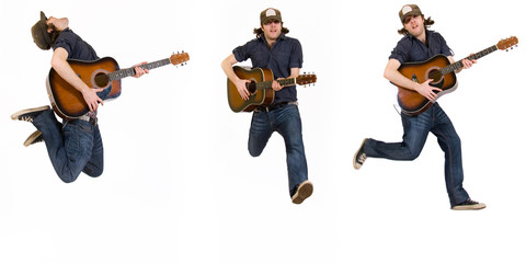 three poses of a jumping guitarist
