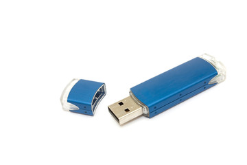 Blue usb stick storage device on white