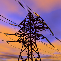 High voltage power line in sunset