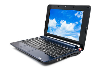 Modern and stylish laptop computer with blue cloudy sky wallpape