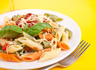 serving of colored penne pasta