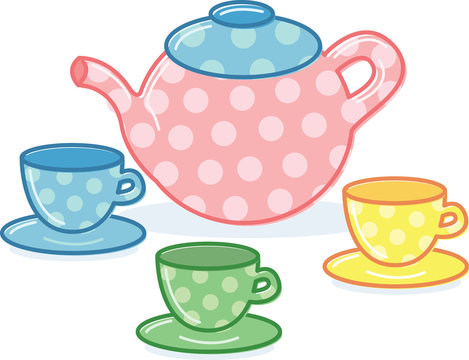 Cute classic style tea pot and cups illustration