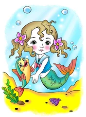 Schilderijen op glas kleine zeemeermin en vis © TatianaO