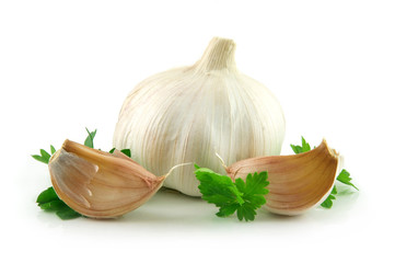 Garlic Vegetable with Green Parsley Leaves Isolated on White