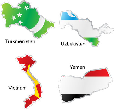 isolated asian flags in map shape