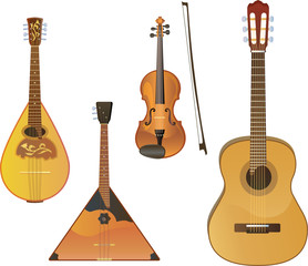 Vector music instruments: mandoline, balalaika, violin, guitar - obrazy, fototapety, plakaty