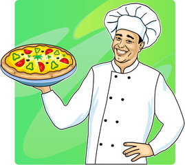 Vector illustration of cook with pizza