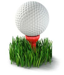 Photo sur Aluminium Golf White golf ball on a tee in grass, isolated on white
