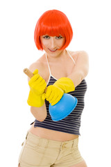 Woman wearing red wig with blue plunger