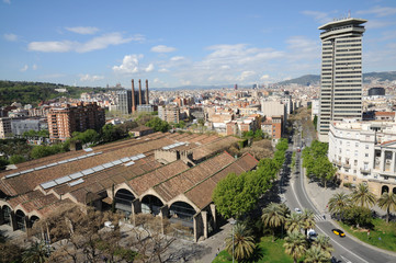 Naklejka premium Aerial view over El Raval district in Barcelona Spain